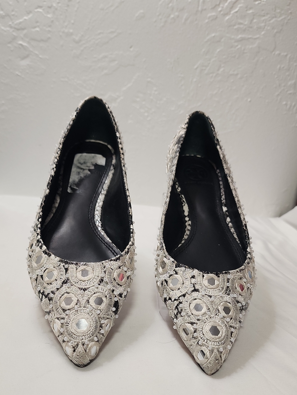 Tory Burch Silver Embellished Pointed Toe Flats